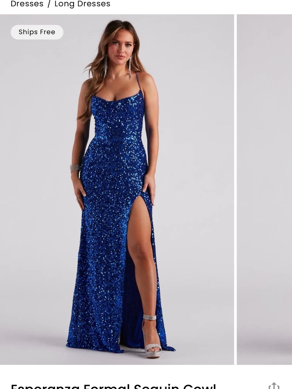 Windsor Royal Blue Sequin Cowl Neck Gown with Slit